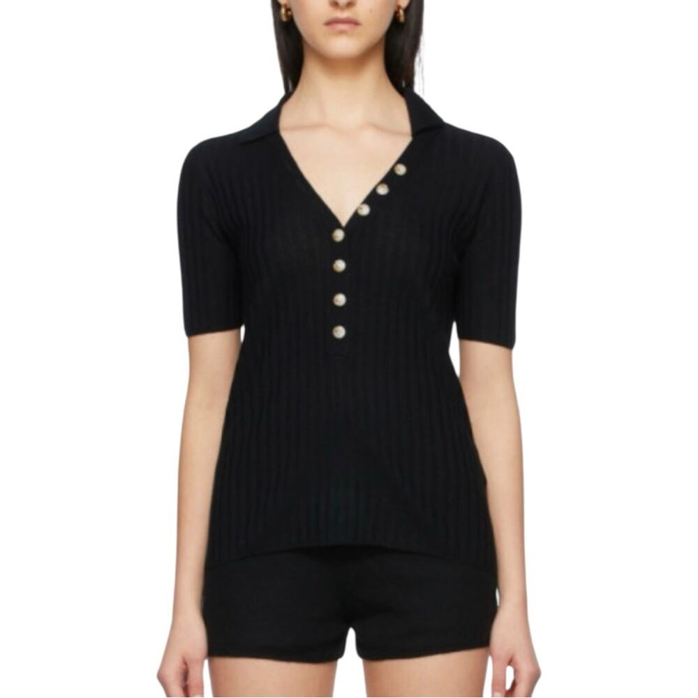 Loulou Studio Socotra Wool Cashmere Black Ribbed Short Sleeve Polo Top MEDIUM